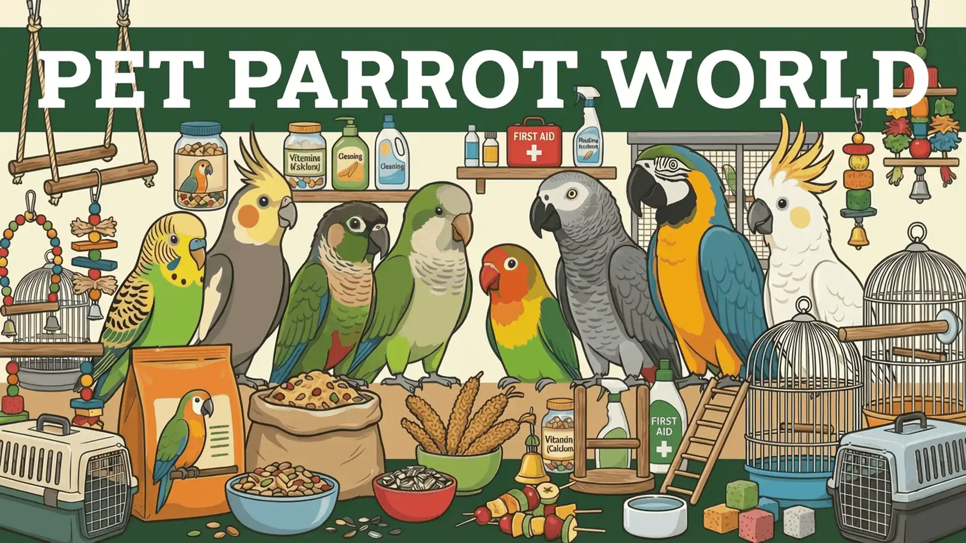 Pet Parrot World homepage banner featuring various parrots and premium parrot supplies including food, toys, and accessories